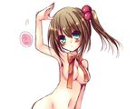  arm_up blush breasts brown_hair hair_bobbles hair_ornament medium_breasts meiya_neon naked_ribbon ribbon side_ponytail simple_background solo white_background 