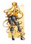  1girl arc_system_works ass blonde_hair blue_eyes breasts fingerless_gloves from_behind gloves guilty_gear guilty_gear_xrd hat long_hair looking_at_viewer looking_back millia_rage pantyhose shiny shiny_clothes sideboob smile solo standing tirnanogindustries very_long_hair 