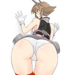  against_wall aqua_eyes ass ass_focus bare_shoulders breasts brown_hair green_eyes harukon_(halcon) highres kantai_collection large_breasts mutsu_(kantai_collection) panties red_legwear short_hair sideboob simple_background solo thigh_gap thighhighs thighs underwear white_background white_panties 