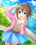  :d bow brown_eyes brown_hair cloud cup day hood hoodie hori_yuuko idolmaster idolmaster_cinderella_girls jewelry leaning_forward lens_flare looking_at_viewer necklace open_mouth ponytail scrunchie skirt sky smile solo sparkle spork water 