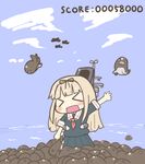  &gt;_&lt; aircraft airplane blonde_hair blue_eyes blush_stickers closed_eyes hair_ribbon i-class_destroyer inishie kantai_collection long_hair machinery open_mouth ribbon shinkaisei-kan solo yuudachi_(kantai_collection) 
