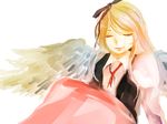  angel_wings blonde_hair closed_eyes facing_viewer gengetsu hair_ribbon juliet_sleeves knees_to_chest long_hair long_sleeves puffy_sleeves ribbon sidelocks simple_background sitting skirt smile solo teent0wn touhou touhou_(pc-98) vest white_background wings 