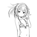  bikini flat_chest front-tie_bikini front-tie_top greyscale looking_at_viewer monochrome short_hair simple_background solo swimsuit v white_background zaxwu 