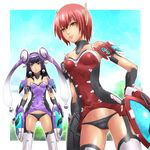  black_hair crazy_kitten elbow_gloves facial_mark fingerless_gloves gloves green_eyes highres long_hair multiple_girls panties phantasy_star phantasy_star_online_2 pointy_ears red_hair rupika_(pso2) shuuji_(shumi) standing sue_(pso2) thighhighs underwear yellow_eyes 