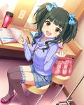  :d bag black_hair black_legwear book bow bracelet fujii_tomo hair_bow high_heels idolmaster idolmaster_cinderella_girls jewelry looking_at_viewer mirror necklace open_book open_mouth pencil short_twintails sidelocks sitting smile solo stool thermos thighhighs turtleneck twintails yellow_eyes 