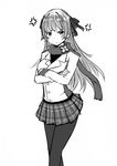  anger_vein blush crossed_arms frown greyscale long_hair monochrome pantyhose scarf simple_background skirt solo white_background zaxwu 