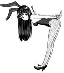  animal_ears bent_over breasts bunny_ears bunnysuit chitanda_eru fishnet_pantyhose fishnets full_body greyscale high_heels hyouka long_hair looking_at_viewer medium_breasts monochrome pantyhose simple_background smile solo translated white_background zaxwu 