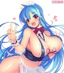  :d apron blue_hair blush breasts covered_nipples double_v frills hair_ornament huge_breasts long_hair maid maid_apron maid_headdress mel/a melmaid midriff navel open_mouth original red_eyes smile solo v waist_apron wrist_cuffs 