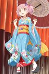  column geta image_sample japanese_clothes kaname_madoka kimono kinfuji mahou_shoujo_madoka_magica oriental_umbrella pillar pink_eyes pink_hair short_hair solo standing twintails twitter_sample umbrella 