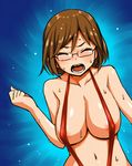  blush breasts brown_hair closed_eyes glasses large_breasts open_mouth short_hair slingshot_swimsuit solo swimsuit zaxwu 