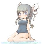  alternate_hair_color black_hair blue_eyes blush_stickers breasts hair_ribbon i-19_(kantai_collection) inishie kantai_collection large_breasts long_hair looking_at_viewer one-piece_swimsuit ribbon school_swimsuit sitting solo star star-shaped_pupils swimsuit symbol-shaped_pupils twintails water 