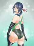  ass black_hair blue_eyes blue_hair competition_swimsuit elbow_gloves fukami_nana gloves gradient_hair hair_ribbon highres long_hair looking_back multicolored_hair nawoto_oota one-piece_swimsuit original ponytail ribbon solo standing swimsuit thighhighs 