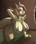  2015 anthro big_breasts bottomless breasts cleavage clothed clothing cutie_mark equine erect_nipples female fluttershy_(mlp) friendship_is_magic half-dressed huge_breasts mammal my_little_pony nipples pegasus siberwar solo sweat wings 