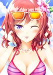  ;p aoi_usagi bad_id bad_pixiv_id bikini blush breasts cloud day eyewear_on_head flower heart hibiscus jewelry love_live! love_live!_school_idol_project medium_breasts necklace nishikino_maki one_eye_closed purple_eyes red_hair short_hair sky solo sunglasses swimsuit tongue tongue_out upper_body 