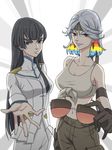  black_hair blue_eyes breasts cleavage cosom eyebrows junketsu kill_la_kill kiryuuin_ragyou kiryuuin_satsuki large_breasts long_hair mature mother_and_daughter multicolored_hair multiple_girls rainbow_hair smile spoilers sunglasses thick_eyebrows time_paradox younger 