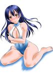  barefoot blue_hair blush breasts center_opening cleavage embarrassed front_zipper_swimsuit kasugano_tobari long_hair looking_at_viewer love_live! love_live!_school_idol_project medium_breasts meme_attire one-piece_swimsuit orange_eyes sitting solo sonoda_umi swimsuit wariza 
