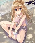  alternate_costume bare_legs beach bismarck_(kantai_collection) blonde_hair blue_eyes collarbone denim denim_shorts indian_style kantai_collection long_hair looking_at_viewer naruse_chisato outdoors shorts sitting smile solo translated twitter_username water 