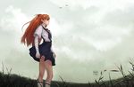  bandages blue_eyes cloud dandon_fuga day hair_ornament long_hair long_legs neon_genesis_evangelion orange_hair panties school_uniform sky solo souryuu_asuka_langley underwear 