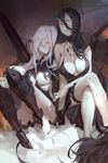  aircraft_carrier_hime areolae armor armored_boots battleship_hime black_dress black_hair boots breasts cancer_(zjcconan) cleavage crossed_legs dress gauntlets greaves hair_over_one_eye highres horns kantai_collection large_breasts long_hair looking_at_viewer multiple_girls nipples one_side_up pale_skin red_eyes revision sailor_dress shinkaisei-kan short_dress spaghetti_strap torn_clothes torn_dress very_long_hair white_hair white_skin 
