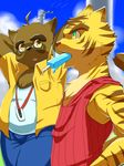  anthro brown_fur chubby cloud duo eating eyewear feline fur glasses green_eyes kounosuke male mammal morenatsu open_mouth outside phone popsicle sky tanuki tiger torahiko_ooshima yellow_eyes yellow_fur 羊太郎(仮) 