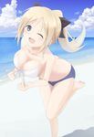  ;d beach bikini blonde_hair blue_eyes breasts butt_crack cleavage day front-tie_top hide_0 katharine_ohare large_breasts leg_up long_hair one_eye_closed open_mouth ponytail smile solo swimsuit world_witches_series 