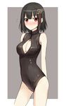  bad_id bad_pixiv_id black_hair blush breasts cleavage front_zipper_swimsuit haguro_(kantai_collection) hair_ornament highres hiiragi_hajime kantai_collection looking_at_viewer medium_breasts meme_attire one-piece_swimsuit red_eyes short_hair solo swimsuit 