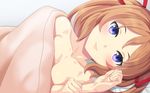  1girl bed blush breasts clockup collarbone ero_manga!_h_mo_manga_mo_step-up game_cg highres ichikura_miu long_hair looking_at_viewer lying nude on_side orange_hair pillow purple_eyes smile solo takurou takurou_(mix_fry) twintails under_covers 