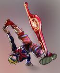  amano-g ankle_boots balancing blonde_hair blue_eyes boots handstand male_focus shorts shulk solo super_smash_bros. sword upside-down weapon xenoblade_(series) xenoblade_1 