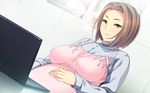  1girl breasts brown_hair clockup computer ero_manga!_h_mo_manga_mo_step-up game_cg happy highres huge_breasts kashiwagi_benio looking_at_viewer mario_(artist) pregnant short_hair sitting smile solo table yellow_eyes 