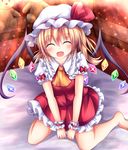  ^_^ ascot barefoot blonde_hair blush closed_eyes facing_viewer flandre_scarlet hat hat_ribbon kneeling light_particles manma_(manmamia) mob_cap on_bed open_mouth ribbon short_hair short_sleeves side_ponytail skirt skirt_set smile solo stuffed_animal stuffed_toy teddy_bear touhou wings wrist_cuffs 