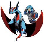  ambiguous_gender blue_hair dragon female gloves hair hairpin helmet human jacket mammal mega_evolution mega_salamence nintendo open_mouth plain_background pok&eacute;mon salamence video_games 草薙芳_(artist) 