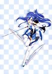  :o absurdres bangs bare_shoulders black_leotard blade blue_hair blue_leotard boots breasts checkered checkered_background elbow_gloves fighting_stance floating_hair full_body gloves gradient gradient_background hair_between_eyes headgear headphones highres holding holding_weapon kazanari_tsubasa leg_lift leotard long_hair magical_girl official_art one_side_up outstretched_arms purple_eyes scan senki_zesshou_symphogear serious shadow small_breasts solo spread_arms sword thigh_boots thigh_gap thighhighs v-shaped_eyebrows weapon white_legwear 