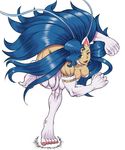  animal_ears bent_over big_hair blue_hair breasts cat_ears cat_tail felicia full_body fur green_eyes hair_over_one_eye highres large_breasts long_hair mono_(monotonerhythm) muscle muscular_female open_mouth paws running smile solo sweatdrop tail vampire_(game) white_background 