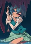  blue_eyes blue_hair commentary_request harusame_(unmei_no_ikasumi) heterochromia karakasa_obake long_sleeves looking_at_viewer partially_submerged puffy_sleeves red_eyes shirt short_hair simple_background sitting skirt solo tatara_kogasa tongue tongue_out touhou umbrella vest water 