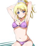  arms_behind_back arms_up ayase_eli bikini blonde_hair blue_eyes breasts covered_nipples long_hair love_live! love_live!_school_idol_project medium_breasts navel ponytail purple_bikini simple_background smile solo swimsuit turkey_min underboob white_background 
