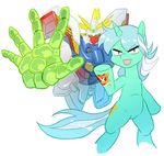  aqua_hair crossover cutie_mark g_gundam gundam harp instrument king_of_hearts_(gundam) lyra_heartstrings mecha multicolored_hair my_little_pony my_little_pony_friendship_is_magic pony shining_finger shining_gundam tail two-tone_hair unicorn white_hair xin_yu_hua_yin 