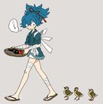  bandages basket bird blue_eyes blue_hair duck duckling flock grey_background holding japanese_clothes l_hakase looking_back lowres male_focus sandals sayo_samonji simple_background solo speech_bubble touken_ranbu translated walking 