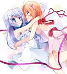  blue_eyes blue_hair blush dress flower gochuumon_wa_usagi_desu_ka? hair_flower hair_ornament hairclip hoto_cocoa kafuu_chino kujou_danbo light_brown_hair long_hair looking_at_another multiple_girls open_mouth purple_eyes ribbon ribbon-trimmed_clothes ribbon_trim smile sundress x_hair_ornament yuri 