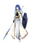  armor armored_dress blue_eyes blue_hair character_request shield spear touka_nonni 