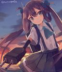  asagumo_(kantai_collection) brown_hair green_eyes kantai_collection long_hair school_uniform shugao sunset suspenders turret twintails 