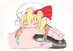  blonde_hair closed_eyes flandre_scarlet hat hat_ribbon lying minigirl mob_cap mouse_(computer) on_stomach out_of_frame pov pov_hands ribbon shoupon sleeping touhou wings 
