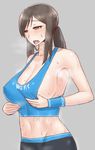  blush breasts cleavage covered_nipples grey_background grey_eyes grey_hair groin highres large_breasts navel open_mouth ponytail sideboob simple_background solo sweat teeth tongue wii_fit wii_fit_trainer wolffeld wristband 