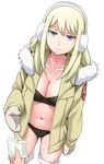  black_bra black_panties blonde_hair blue_eyes bra breasts cleavage coat collarbone darker_than_black earmuffs expressionless fur_trim jitome large_breasts mittens money navel no_pants open_clothes open_coat panties shiny shiny_skin simple_background solo_focus tanya_(darker_than_black) underwear white_background youkan 
