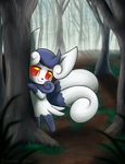  against_tree ambiguous_gender black_nose blue_fur cat eeviechu feline feral forest fur grass hair mammal meowstic mist multiple_tails nintendo paws pok&eacute;mon red_eyes smile solo standing tree video_games white_fur 