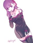  bare_shoulders breasts byulrorqual cleavage collar cosplay detached_sleeves dress fate/stay_night fate_(series) large_breasts matou_sakura purple_eyes purple_hair rider rider_(cosplay) skirt skirt_tug solo strapless strapless_dress thighhighs zettai_ryouiki 