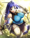  bandage blue_eyes blue_hair breasts large_breasts smile tonfas 