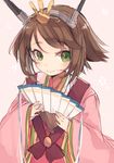  brown_hair fan folding_fan green_eyes headband hinamatsuri japanese_clothes kantai_collection kimono layered_clothing layered_kimono mutsu_(kantai_collection) paper_fan saishi short_hair shugao sketch smile 