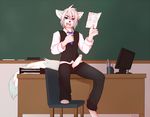  2015 akaro anthro barefoot blue_eyes classroom clothed clothing desk digitigrade erection facial_piercing front_view fur grey_fur hair heterochromia humanoid_penis lip_piercing looking_at_viewer lukiro male mammal necktie open_pants pants penis piercing poking_out purple_eyes raccoon school shirt silver_hair sitting snake_bites solo suggestive teacher unprofessional_behavior vest white_fur yuurikin 