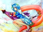  bad_id bad_pixiv_id blue_hair commentary_request geta heterochromia kashiwagi_minato solo tatara_kogasa touhou 