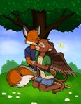  2015 2_tails anthro arthropod barefoot brown_fur butterfly canine clothed clothing cloud couple cuddling cute duo eyes_closed feline female flower fox freckles fur grass hill horn hug hybrid insect katraccoon lion male male/female mammal mouth_closed multiple_tails orange_fur outside plant sky smile tree wings 
